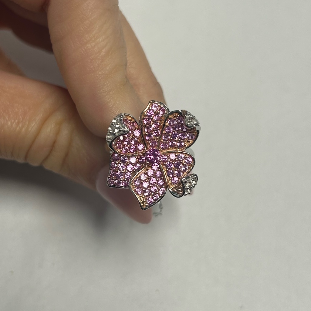 Suzy Levian Sterling Silver Pink Sapphire Created White Sapphire Floral Ring Nwt